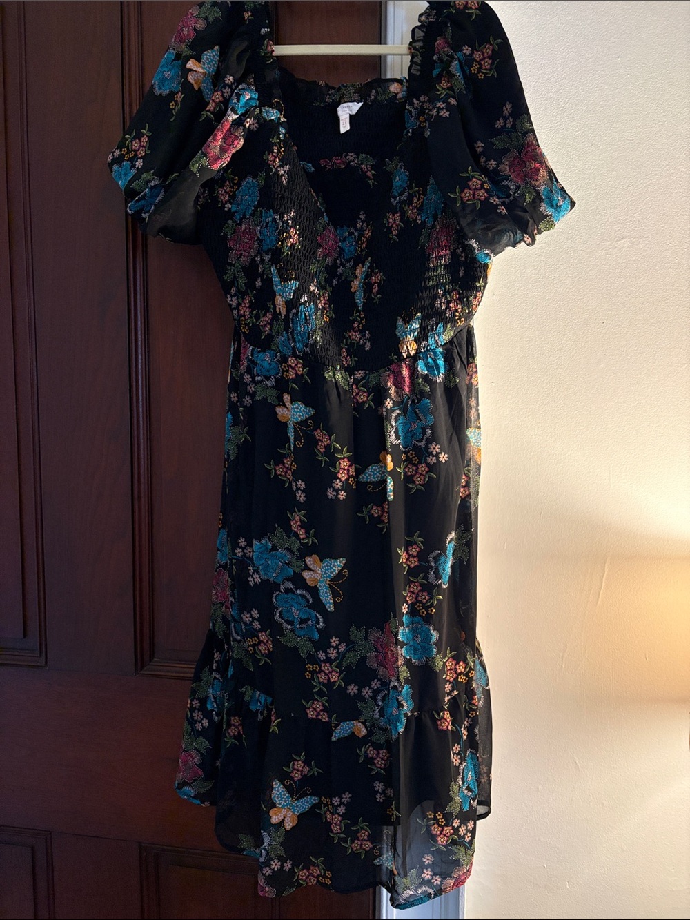 LC Lauren Conrad Black Floral Mini Dress with Teal & Pink Accents